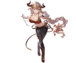 Rule 34 | 1girl, aliza (granblue fantasy), bandages, bandaged arm, bandages, bare shoulders, boots, braid, breasts, cleavage, collarbone, draph, full body, granblue fantasy, hair ornament, hair ribbon, horns, large breasts, long hair, looking to the side, midriff, minaba hideo, navel, official art, pants, pointy ears, red eyes, ribbon, single horn, smile, solo, standing, tank top, transparent background, very long hair, white hair