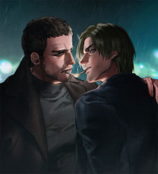 Rule 34 | 2boys, bara, black hair, black jacket, black shirt, blue eyes, chris redfield, cigarette, eye contact, facial hair, gge (gebback dark), jacket, leon s. kennedy, looking at another, male focus, multiple boys, night, open clothes, open jacket, outdoors, rain, resident evil, resident evil 6, shirt, short hair, stubble, upper body, water drop