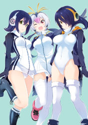 Rule 34 | 10s, 3girls, :o, ;d, black footwear, black hair, blue background, blush, boots, breasts, brown eyes, collar, commentary request, crotch, drawstring, emperor penguin (kemono friends), expressionless, eyelashes, grey hair, hair between eyes, hair ornament, hair over one eye, headphones, hood, hooded jacket, humboldt penguin (kemono friends), jacket, kemono friends, large breasts, leg up, leotard, long hair, long sleeves, looking at viewer, low twintails, mirai denki, multicolored hair, multiple girls, navel, one eye closed, open clothes, open jacket, open mouth, orange hair, outstretched arms, pink footwear, pocket, red eyes, royal penguin (kemono friends), shoelaces, short hair, sidelocks, simple background, smile, socks, tareme, teeth, thighhighs, tsurime, tube socks, turtleneck, twintails, two-tone hair, white hair, white leotard, yellow eyes, zipper