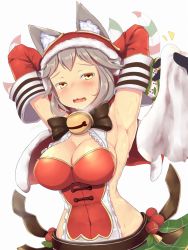 Rule 34 | 1girl, 1other, :3, animal ears, armpits, arms behind head, arms up, blush, breasts, christmas, claw (weapon), claws, collar, commentary request, ears through headwear, erune, fangs, gloves, granblue fantasy, heart, heart-shaped pupils, highres, holding, holding towel, large breasts, long hair, looking at viewer, open mouth, sen (granblue fantasy), shinoshinosp, silver hair, simple background, skirt, solo focus, sweat, symbol-shaped pupils, towel, weapon, white background