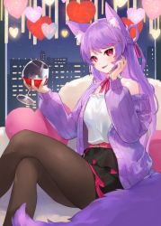 Rule 34 | 1girl, :d, animal ear fluff, animal ears, bare shoulders, black pantyhose, building, byuyu, cardigan, cityscape, commission, crossed legs, cup, drinking glass, fox ears, fox tail, glass, holding, holding cup, indie virtual youtuber, long hair, night, nima (niru54), open cardigan, open clothes, open mouth, pantyhose, skeb commission, sky, smile, star (sky), starry sky, tail, virtual youtuber, wine glass