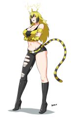 Rule 34 | 1girl, absurdres, antennae, artist name, asymmetrical clothes, bare shoulders, belt, black bra, black footwear, black hair, black lips, black nails, black pants, blonde hair, boots, bra, breasts, cleavage, closed mouth, collarbone, creatures (company), crossed arms, devil-v, electabuzz, electricity, female focus, fingernails, full body, game freak, gen 1 pokemon, high heels, highres, knee boots, large breasts, lipstick, long hair, looking to the side, makeup, matching hair/eyes, midriff, multicolored hair, nail polish, navel, nintendo, off shoulder, pants, personification, pokemon, shirt, short sleeves, signature, simple background, single pantsleg, smile, solo, standing, tank top, torn clothes, torn pants, two-tone hair, underwear, white background, yellow eyes, yellow shirt