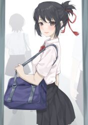 Rule 34 | 1girl, absurdres, bag, black eyes, black hair, black skirt, blush, bow, bowtie, byeon dha, closed mouth, collared shirt, commentary, cowboy shot, hair ribbon, highres, kimi no na wa., light particles, looking at viewer, looking to the side, miyamizu mitsuha, people, pleated shirt, red bow, red bowtie, red ribbon, ribbon, romaji commentary, school bag, school uniform, shirt, short hair, short sleeves, shoulder bag, sidelocks, skirt, solo focus, twitter username, white shirt