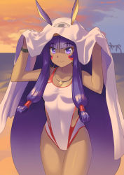 Rule 34 | 1girl, animal ears, bad id, bad pixiv id, beach, blunt bangs, dark-skinned female, dark skin, evening, facial mark, fate/grand order, fate (series), hairband, highres, long hair, looking at viewer, medjed (fate), nitocris (fate), nitocris (fate/grand order), nitocris (swimsuit assassin) (fate), nitocris (swimsuit assassin) (second ascension) (fate), one-piece swimsuit, outdoors, purple eyes, purple hair, smile, solo, swimsuit, tsuyohina, very long hair