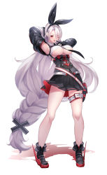 Rule 34 | 1girl, ;d, absurdly long hair, amano hagoromo, anchor symbol, ankle boots, arm behind head, armpits, arms up, azur lane, black footwear, black gloves, black hairband, black necktie, black sleeves, blush, boots, braid, breasts, collared shirt, commentary, crop top, cross, detached sleeves, full body, gloves, hair between eyes, hair over one eye, hairband, high-waist skirt, highres, iron cross, large breasts, leg belt, long hair, looking at viewer, low-braided long hair, low-tied long hair, mole, mole under eye, necktie, one eye closed, open mouth, parted bangs, pleated skirt, pouch, prinz heinrich (azur lane), red eyes, ribbed shirt, shadow, shirt, sidelocks, simple background, skirt, smile, solo, standing, underboob, very long hair, white background, white hair, white shirt