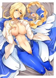 Rule 34 | 1girl, bad id, bad pixiv id, blonde hair, blue eyes, blush, bodysuit, braid, breasts, female focus, female pubic hair, flower, kyoukaisenjou no horizon, large breasts, long hair, looking at viewer, lying, mary stuart, nanao (mahaya), navel, nipples, on back, pantyhose, pubic hair, pussy, solo, thigh gap, thighs, uncensored