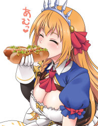 Rule 34 | 1girl, ^ ^, ahoge, ascot, blush, breasts, cleavage, closed eyes, eating, food, gloves, hair ribbon, happy, holding, holding food, hot dog, large breasts, long hair, orange hair, pecorine (princess connect!), princess connect!, puffy short sleeves, puffy sleeves, red ascot, red ribbon, ribbon, short sleeves, solo, tiara, white gloves, youkan