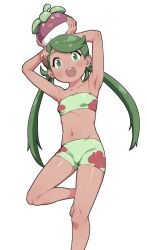 Rule 34 | 1girl, :o, armpits, arms up, bandeau, bare arms, bare legs, barefoot, bikini, blush, bounsweet, breasts, cameltoe, cleavage, creatures (company), dark-skinned female, dark skin, feet, floral print, game freak, gen 1 pokemon, gen 7 pokemon, green eyes, green hair, hair ornament, holding, legs, looking at viewer, mallow (pokemon), navel, nintendo, open mouth, pokemon, pokemon (anime), pokemon (creature), pokemon sm, pokemon sm (anime), simple background, small breasts, staryu, stomach, strapless, swimsuit, torathi, trial captain, tube top, twintails, white background