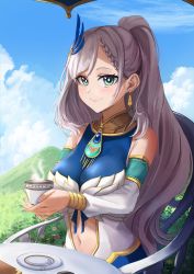 Rule 34 | 1girl, bad id, bad twitter id, braid, braided bangs, breasts, clothing cutout, cloud, commentary, cup, detached sleeves, dvdraw, english commentary, eyebrows hidden by hair, green hair, highres, holding, holding cup, hololive, hololive indonesia, large breasts, mountain, nail polish, navel, pavolia reine, side ponytail, silver hair, sky, smile, solo, stomach cutout, teacup, virtual youtuber