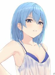 Rule 34 | 1girl, alternate costume, alternate hairstyle, armpits, artist logo, blue bra, blue eyes, blue hair, blush, bra, breasts, camisole, cleavage, clenched teeth, collarbone, commentary, disgust, english commentary, envyvanity, hair between eyes, hololive, hoshimachi suisei, light blue hair, looking at viewer, medium breasts, scowl, see-through, shaded face, short hair, simple background, sleeveless, solo, spaghetti strap, teeth, underwear, upper body, virtual youtuber, white background, white camisole