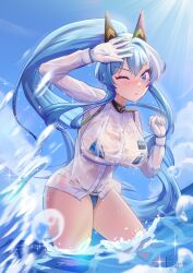 Rule 34 | 1girl, absurdres, bikini, bikini under clothes, blue bikini, blue eyes, blue hair, braid, breasts, day, gloves, goddess of victory: nikke, hair intakes, headgear, helm (aqua marine) (nikke), helm (nikke), highres, large breasts, lawliet liaw, long hair, ocean, official alternate costume, outdoors, ponytail, see-through, see-through shirt, shirt, solo, swimsuit, wading, water, wet, wet clothes, wet shirt, white gloves, white shirt