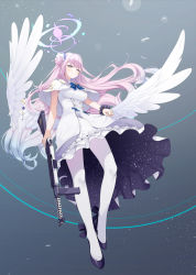 Rule 34 | 1girl, angel wings, assault rifle, blue archive, blush, breasts, closed mouth, dress, feathered wings, fed (giba), full body, gun, half-closed eyes, halo, high heels, highres, holding, holding weapon, long hair, looking at viewer, mika (blue archive), pantyhose, pink hair, puffy sleeves, rifle, shoes, short sleeves, solo, standing, very long hair, weapon, white dress, white pantyhose, white wings, wings