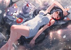 Rule 34 | 1girl, 2others, animal, animal ear fluff, animal ears, apron, bare shoulders, black hair, collarbone, groin, hand fan, hololive, hololive gamers, izumi sai, lying, miofa (ookami mio), multiple others, naked towel, onsen, ookami mio, snow, snowing, solo, towel, virtual youtuber, water