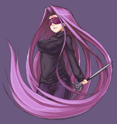 Rule 34 | 00s, 1girl, blindfold, breasts, chain, fate/stay night, fate (series), large breasts, long hair, medusa (fate), medusa (rider) (fate), official alternate costume, purple hair, solo, somejima, very long hair, weapon