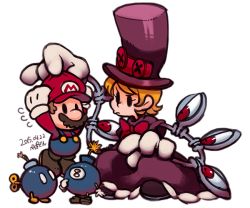 Rule 34 | 1boy, 1girl, artist name, bob-omb, bomb, brown hair, dated, dress, explosive, facial hair, george the bomb, ghost-pepper, gloves, hat, head grab, mario, mario (series), mechanical arms, mustache, nintendo, peacock (skullgirls), short hair, simple background, skullgirls, top hat, trait connection, white background, white gloves