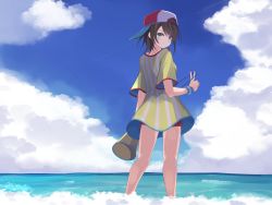 Rule 34 | 1girl, aqua eyes, backwards hat, baseball cap, blue sky, brown hair, closed mouth, feet out of frame, full body, green eyes, hat, highres, hololive, kneepits, looking at viewer, looking back, loose clothes, loose shirt, megaphone, miyaho concon, ocean, oozora subaru, oozora subaru (1st costume), oversized clothes, oversized shirt, red hat, red shorts, shirt, short hair, shorts, sky, soaking feet, solo, striped clothes, striped shirt, sweatband, swept bangs, t-shirt, two-tone headwear, v, vertical-striped clothes, vertical-striped shirt, virtual youtuber, wading, white hat, white shirt, wristband, yellow shirt