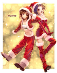 Rule 34 | 2girls, ahoge, ankle boots, black hair, blue hair, boots, bra, breasts, brown footwear, christmas, dress, elbow gloves, english text, fur boots, gloves, grin, hat, idolmaster, idolmaster (classic), jacket, kikuchi makoto, medium breasts, merry christmas, midriff, miura azusa, multiple girls, navel, nekopuchi, open clothes, open jacket, open mouth, red eyes, red footwear, red gloves, santa costume, santa hat, short hair, smile, snow boots, thigh boots, thighhighs, underwear, zettai ryouiki