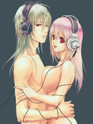 Rule 34 | 1boy, 1girl, :d, ahoge, antenna hair, arm grab, asymmetrical docking, bad id, bad pixiv id, breast press, breasts, brother and sister, cable, company connection, entangled, from side, groin, hair between eyes, headphones, hetero, hug, large breasts, long hair, looking at viewer, looking back, mascot, mr-gt, naitou-kun, nitro+ chiral, nitroplus, nude, open mouth, out-of-frame censoring, parted lips, pink eyes, pink hair, red eyes, siblings, sideboob, silver hair, simple background, smile, super sonico, torso grab, upper body