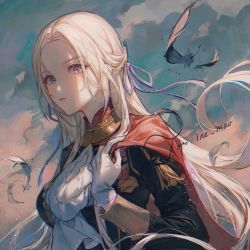 Rule 34 | 1girl, breasts, capelet, closed mouth, cloud, cloudy sky, day, edelgard von hresvelg, expressionless, feathers, fire emblem, fire emblem: three houses, forehead, garreg mach monastery uniform, gloves, hair ribbon, highres, lips, long hair, looking at viewer, maccha (mochancc), medium breasts, nintendo, outdoors, parted bangs, purple eyes, red capelet, ribbon, signature, silver hair, sky, solo, straight hair, uniform, upper body, white gloves