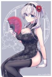 Rule 34 | 1girl, alternate costume, black dress, black headband, black thighhighs, blue eyes, blush, breasts, china dress, chinese clothes, cleavage, dress, flower, folding fan, gloves, gradient background, grey background, grey eyes, grey hair, hair between eyes, hair flower, hair ornament, hand fan, headband, highres, kabocha torute, kantai collection, long hair, looking at viewer, medium breasts, sitting, smile, solo, suzutsuki (kancolle), thighhighs, white gloves
