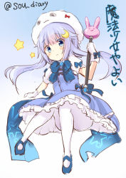 Rule 34 | 1girl, blue dress, blue eyes, blue hair, commentary request, cosplay, crescent, crescent hair ornament, dress, gochuumon wa usagi desu ka?, hair ornament, kafuu chino, kafuu chino (cosplay), kantai collection, long hair, magical girl, mary janes, miss cloud, pantyhose, puffy short sleeves, puffy sleeves, shoes, short sleeves, sketch, solo, sou (soutennkouchi), star (symbol), translation request, twitter username, wand, white pantyhose, yayoi (kancolle)