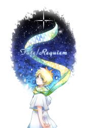Rule 34 | 1boy, blonde hair, bloom, blue eyes, constellation, copyright name, cowboy shot, fate/requiem, fate (series), goyou (kageroi), highres, looking back, male focus, night, night sky, oval, petals, scarf, short sleeves, sky, solo, star (symbol), voyager (fate), voyager (first ascension) (fate)