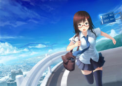 Rule 34 | 1girl, :o, bag, black thighhighs, blush, brown eyes, brown hair, cityscape, cloud, day, glasses, guard rail, hair ornament, hairclip, handbag, highway, izumi sai, long hair, looking at viewer, miniskirt, necktie, open mouth, original, oversized object, pleated skirt, red-framed eyewear, road sign, running, school uniform, shoulder bag, sign, skirt, sky, solo, thighhighs, when you see it, zettai ryouiki