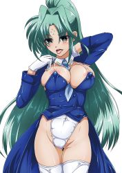 Rule 34 | blush, breasts, covered erect nipples, covered navel, green eyes, green hair, highres, large breasts, leotard, lindy harlaown, looking at viewer, lyrical nanoha, mahou shoujo lyrical nanoha, mahou shoujo lyrical nanoha a&#039;s, mahou shoujo lyrical nanoha strikers, nipples, open mouth, simple background, solo, tappa (esperanza), thighhighs, tongue, white background, white thighhighs