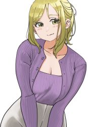 Rule 34 | 1girl, blush, breasts squeezed together, breasts, cleavage, closed mouth, dunchy, grey pants, highres, jacket, large breasts, leaning forward, looking at viewer, love live!, love live! sunshine!!, ohara mari, open clothes, open jacket, pants, ponytail, purple jacket, purple sweater, simple background, smile, sweater, white background