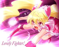 Rule 34 | 00s, 1girl, :o, angry, bad id, bad pixiv id, blonde hair, boots, bow, cure peach, dress, eyelashes, fresh precure!, frills, hair ornament, hairpin, heart, heart hair ornament, knee boots, long hair, magic, magical girl, momozono love, nekozawa yukari, open mouth, pink bow, pink eyes, pink footwear, precure, solo, sparkle, twintails, wrist cuffs