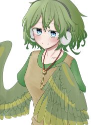Rule 34 | 1girl, blouse, earmuffs, feathers, female focus, green feathers, green hair, green shirt, harpy, highres, jewelry, key, monster girl, necklace, original, shirt, simple background, smile, solo, tokei ga taba, white background, winged arms, wings