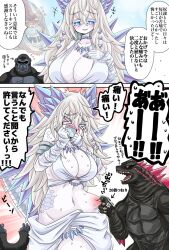 Rule 34 | 1girl, animal, ape, bioluminescence, blonde hair, blue eyes, breasts, claws, crossover, elbow spikes, giant, giant monster, glowing, godzilla, godzilla (monsterverse), godzilla (series), godzilla evolved, godzilla x kong: the new empire, gorilla, highres, kaijuu, king kong, king kong (series), kinkuri (axsc8mjrt), legendary pictures, long hair, long tail, monster, monster girl, monsterverse, muscular, open mouth, personification, pinching, pinching thigh, reptile, reptilian, scales, sharp teeth, shimo (monsterverse), skar king, spiked tail, spikes, spines, tail, teeth, toho