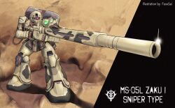 Rule 34 | beam rifle, cable, camouflage, commentary, emblem, energy gun, english commentary, english text, gun, gundam, highres, machinery, mecha, mobile suit, no humans, one-eyed, red eyes, rifle, robot, roundel, science fiction, signature, sniper rifle, user utgt2242, weapon, zaku, zaku i sniper type, zeon