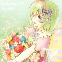 Rule 34 | 1girl, :d, antennae, aqua eyes, blue bow, bouquet, bow, butterfly wings, capelet, flower, gradient background, green background, green hair, hair bow, hair ribbon, insect wings, kohaku (rune factory), long sleeves, looking at viewer, niduca (hio touge), open mouth, purple ribbon, ribbon, rose, rune factory, rune factory 4, short hair, smile, solo, tulip, twitter username, upper body, wings