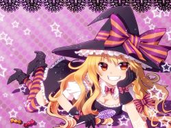 Rule 34 | 1girl, bad id, bad pixiv id, blonde hair, boots, bow, braid, breasts, brown eyes, candy, cleavage, female focus, food, gloves, grin, hair bow, halloween, hat, head rest, high heels, kirisame marisa, lollipop, long hair, lying, md5 mismatch, medium breasts, nunucco, on stomach, shoes, smile, solo, star (symbol), striped clothes, striped thighhighs, teeth, thighhighs, touhou, witch, witch hat