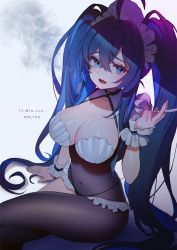 Rule 34 | 1girl, :d, absurdres, ahoge, bikini, blue eyes, blue hair, bodysuit, borrowed character, breasts, cigarette, cleavage, covered navel, crossed legs, frills, hand up, headdress, highleg, highleg bikini, highres, holding, large breasts, long hair, looking at viewer, mmlyno, open mouth, original, single leg pantyhose, sitting, smile, smoking, solo, string bikini, swimsuit, twintails, very long hair, virtual youtuber, wrist cuffs