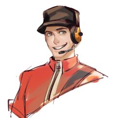 Rule 34 | 1boy, black headwear, blue eyes, chinese commentary, collared shirt, commentary request, hat, headset, open mouth, red scout (tf2), red shirt, scout (tf2), sdz (inazuma), shirt, sketch, smile, team fortress 2, teeth, upper body, white background, yellow headphones, zipper, zipper pull tab