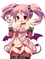 Rule 34 | 10s, 1girl, :d, alternate costume, babydoll, bad id, bad pixiv id, bat wings, blush, breasts, choker, demon girl, demon tail, empty eyes, garter belt, twirling hair, kaname madoka, lingerie, mahou shoujo madoka magica, mahou shoujo madoka magica (anime), meiro (yuu), open mouth, pink eyes, pink hair, plump, short hair, simple background, small breasts, smile, solo, tail, thighhighs, twintails, underwear, underwear only, wings, wristband