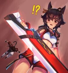 Rule 34 | !?, 1boy, 1girl, ahoge, animal ears, bandeau, bitter glasse (umamusume), breasts, brown eyes, brown hair, choker, cowboy shot, crop top, cropped jacket, crossover, guilty gear, guilty gear strive, highres, holding, holding sword, holding weapon, hood, hooded jacket, horse ears, horse girl, jacket, looking down, medium hair, open clothes, open jacket, open mouth, red background, red eyes, red shorts, rokusuijo, shirt, shorts, small breasts, sol badguy, solo focus, standing, sword, umamusume, v-shaped eyebrows, weapon, white shirt