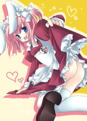 Rule 34 | 1girl, animal ears, ass, blue eyes, blush, bow, clothes lift, curtsey, dress, dress lift, hair bow, maid, natsume eri, no panties, open mouth, pink hair, rabbit ears, ribbon, skirt, skirt lift, solo, thighhighs, white thighhighs