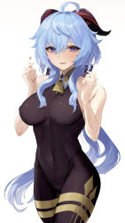 Rule 34 | 1girl, absurdres, bare arms, bell, blue hair, blush, bodystocking, breasts, covered navel, cowbell, cowboy shot, ganyu (genshin impact), genshin impact, goat horns, hair between eyes, heart, highres, horns, kataku musou, large breasts, long hair, looking at viewer, low ponytail, parted lips, purple eyes, sidelocks, simple background, smile, solo, white background