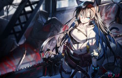 Rule 34 | 1girl, animal ear fluff, animal ears, arknights, black gloves, black hair, blaze (arknights), blood, blood on face, blue eyes, breasts, cat ears, cat tail, chainsaw, gloves, grin, hairband, highres, holding, holding weapon, jacket, long hair, looking at viewer, medium breasts, qys3, smile, solo focus, tail, thighhighs, very long hair, weapon, white jacket, white thighhighs