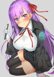 Rule 34 | 10s, 1girl, b-ginga, bb (fate), bb (fate/extra), black legwear, breasts, fate/extra, fate/extra ccc, fate/grand order, fate (series), hair ribbon, holding, holding wand, large breasts, long hair, looking at viewer, purple eyes, purple hair, red ribbon, ribbon, shiny skin, simple background, sitting, solo, very long hair, wand