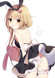 Rule 34 | 1girl, animal ears, ass, backless dress, backless outfit, bad id, bad pixiv id, bare arms, bare shoulders, black dress, black hairband, blonde hair, bow, bridal garter, brown eyes, bunny girl, closed mouth, commentary request, cowboy shot, dress, fake animal ears, futaba anzu, hair bow, hairband, highres, holding, holding stuffed toy, idolmaster, idolmaster cinderella girls, leaning forward, long hair, low twintails, mafuyu (chibi21), mouth hold, panties, pink bow, rabbit ears, rabbit tail, simple background, solo, strapless, strapless dress, striped clothes, striped panties, stuffed animal, stuffed rabbit, stuffed toy, tail, twintails, underwear, very long hair, white background