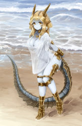 Rule 34 | 1girl, arms behind back, barbariank, beach, blonde hair, blue skin, bottomless, breasts, cleavage, colored skin, commentary request, day, dragon girl, dragon tail, dungeons &amp; dragons, footprints, full body, gold dragon (d&amp;d), highres, horns, knees together feet apart, large breasts, leaning forward, long hair, looking at viewer, monster girl, no bra, no panties, ocean, outdoors, personification, sand, scales, see-through, shirt, slit pupils, smile, solo, standing, tail, thighs, water, water drop, waves, wet, wet clothes, wet shirt, wet shirt, yellow eyes