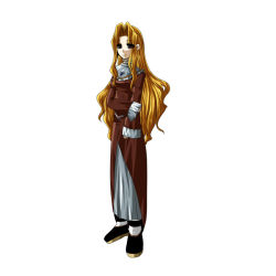 Rule 34 | 1girl, artist request, blonde hair, brown eyes, dress, eileen (suikoden), female focus, full body, gensou suikoden, gensou suikoden i, gensou suikoden ii, long hair, simple background, solo, white background