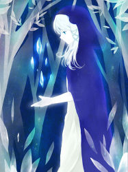 Rule 34 | alice 1218, bad id, bad pixiv id, blue eyes, cloak, crystal, forest, ghost, long hair, nature, original, profile, solo, transparent, tree, white hair