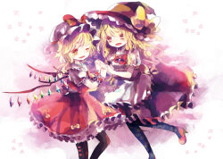Rule 34 | 2girls, apron, ascot, bat wings, blonde hair, bow, braid, crystal, flandre scarlet, flower, hair bow, hat, hat bow, hat ribbon, hiyuu (hiyualice), kirisame marisa, mob cap, multicolored wings, multiple girls, one eye closed, one side up, open mouth, puffy short sleeves, puffy sleeves, red eyes, red skirt, red vest, reitaisai, ribbon, short sleeves, side braid, side ponytail, single braid, skirt, skirt set, smile, star (symbol), touhou, vest, waist apron, white bow, white hat, wings, witch hat, yellow ascot, yellow eyes