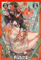 Rule 34 | 1girl, absurdres, alcohol, andres blanco, arm tattoo, bamboo, black hair, border, breasts, cleavage, commentary, commission, cup, earrings, english commentary, eyelashes, fish, flower, hair flower, hair ornament, hair stick, highres, hoop earrings, horns, huge filesize, jewelry, koi, large breasts, legs together, lips, lipstick, long eyelashes, long hair, looking at viewer, magatama, magatama necklace, makeup, naked towel, neck tattoo, necklace, oni, oni horns, original, pearl necklace, pond, red border, red eyes, red horns, sakazuki, sake, shoulder tattoo, sitting, soaking feet, solo, tattoo, thighs, towel, very long hair