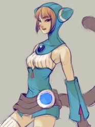 Rule 34 | 1girl, animal ears, animal hood, blue eyes, breasts, breath of fire, breath of fire v, cat ears, cat hood, closed mouth, dress, gloves, highres, hood, lin (breath of fire), looking at viewer, orange hair, short hair, simple background, solo, tail, thighhighs